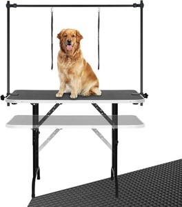 $135 LEIBOU 45 Height Adjustable(2333.8) and Foldable Pet Dog Grooming Table Heavy Duty Iron Frame with H-Shape Grooming Arm & Noose, Maximum Capacity Up to 260lbs, Black