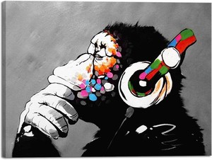 $130 Wieco Art Monkey With Headphones Banksy Graffiti Art Abstract Canvas Painting Posters and Prints Animal Canvas Wall Art for Wall Decor and Home decorations Office Decor