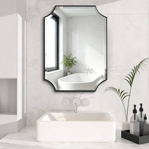 $140 POZINO Rectangle Beveled Mirror, 22x30 Bathroom Vanity Mirror with Stainless Steel Frame, Modern Aesthetic Scalloped Edge Wall Mirrors for Bedroom Hallway Entryway, Horizontal or Vertical Hanging