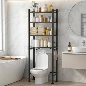 GloTika 4-Tier Over Toilet Storage with Anti-Tilt Safety System - 150lb Total Capacity Metal Bathroom Shelves Including Paper Holder & 4 Hooks, Space Saving Above Commode Organizer (69.3 H, Brown)