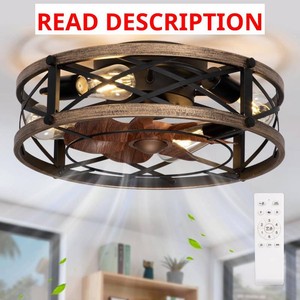 Farmhouse Caged Ceiling Fan with Light Flush Mount, Small Fandelier Low Profile Ceiling Fan with Light, Rustic Bladeless Ceiling Fans with Lights and Remote for Kitchen, Bedroom, 6 Speeds