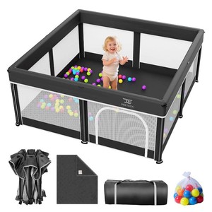 Foldable Baby Playpen with Mat - 50X50 Play Yard for Babies and Toddlers - Indoor & Outdoor Portable Playpen with Storage Bag & 30 Ocean Ball - Baby Fence with Visible Mesh & Zipper Door,Black