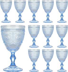 Vintage Wine Glasses Set of 12, 10 oz Glass Goblets Wine Glassware, Romantic Wedding Glass Set, Embossed Drinking Stemware Beverage Cups for Wedding Party Bar, Blue