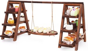 3-Tier Wooden Cupcake & Dessert Display Stand with Swing Frame   Rustic Torch-Finished Pine, Extra Wide 5.1 Trays, Pre-Assembled with Anti-Slip Pads, Party & Wedding Cake Holder (Rustic Brown)