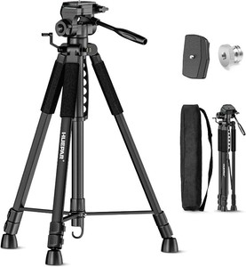 Huepar Lightweight 67.72-Inch Adjustable Laser Level Tripod with 3-Way Pan Head, Fathers Day Dad Gifts Portable Handle, Quick Release Plate with 14 Screw Mount & 58 UNF Adapter Nut-Camera Tripod