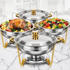 Chafing Dishes for Buffet 4 Pack 5QT Gold SS Round Warmer  Food Warmer with Stainless Steel Lid, Lid Holder & Stackable Design, Design for Home Parties & Small Catering Events