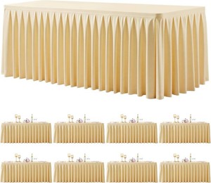 $190 8 Pack Beige Rectangle Tablecloth 8 FT Stretch Spandex Fitted Table Cloth for 8 Foot Rectangle Tables Banquet Tablecloths Wrinkle Free Table Cover Skirt Ruffle Tablecloth for Party Wedding Birthday