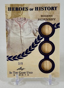 Rogers Hornsby 9 TRIPLE BAT RELIC 2025 Leaf In The Game Used Sports Heroes of History #HH-73 Numbered 39 RARE Baseball Card