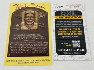 Monte Irvin Autographed w JSA COA National Baseball Hall of Fame Post Card