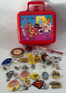 29 Lot of Vintage Pins, Keychains, and more - Las Vegas, Patriotic American Flags, Batman, Superman, and More  Looney Tunes Lunch Box