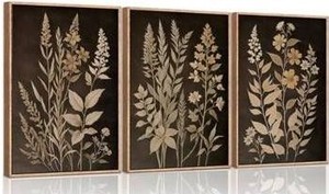 Vintage Botanical Fern Framed Canvas Wall Art Set of 3 $94.99 Retail - Brand New