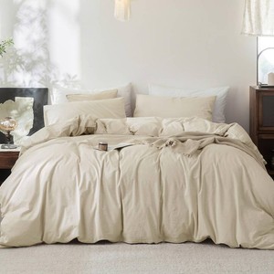 FOSSA Duvet Cover Set 100% Washed Cotton Linen Feel Super Soft Breathable Cozy 3 Pieces Bedding Sets Solid Almond Grey Queen MSRP