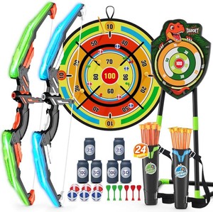 HYES 2 Pack Kids Bow and Arrow with 29 Large Dart Board, LED Light Up Archery Set with 24 Suction Cup Arrows, Indoor Outdoor Sport Toys Gifts for 3 4 5 6 7 8 9 10 11 12 Year Old Boys Girls