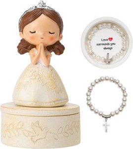 First Communion Gift Set for Girls - Resin Prayer Girl Figurine with Dove & Olive Branch Design, White Religious Keepsake Statue, Pearl Necklace Cross Pendant, Gift Box Set with Inspirational Message