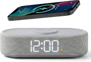 Fabric Digital Alarm Clock for Bedroom with Wireless Charging, USB-C Port, Dual Alarm, 30-Min Snooze, Dimmable Display, Ambient Light, Battery Backup, Modern Bedside Clock (Gary)