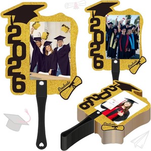50 Pcs Custom Graduation Fans with Handle Double Sided Personalized Black and Gold Grad Party Supplies Class of 2026 Grad Photo Props Blank DIY Photo Frame for Graduation Party Souvenirs