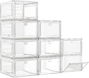 7 code Large Clear Shoe Boxes Organizer Thicker Material  Stronger Shoe Box with Magnetic Door, Stackable Shoe Storage Box for Closet, Foldable Space-Saving Storage Bins Shoe Cabinet, White 9 Pack