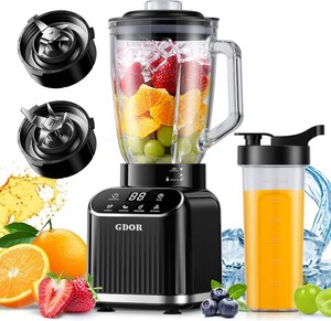 GDOR 1200W Professional Blender with 5 Smart Programs  High Speed Countertop Blender for Smoothies and Shakes, 52 Oz Glass Jar & 24 Oz To-Go Cup Combo, 6-Leaf Ice Crushing Blade, Self Cleaning, Black