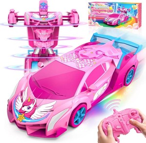 Pink Unicorn Transform RC Cars for Girls Toys with Rainbow Eyes & Underbody Lights, Fast 360 Rotation & 2.4GHz Robot Remote Control Car One-Button Deformation,Birthday Gifts for 3-12 Year Old Girls
