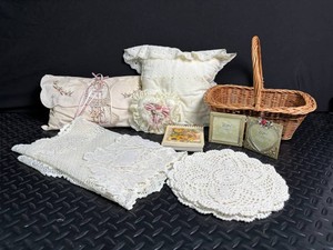 Decorative Lace and Pillow Mixed Lot With Wicker Basket