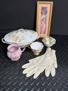 Decorative Porcelain & Gloves Mixed Lot With Framed Print