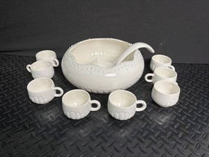 White Ceramic Punch Bowl Set With 8 Cups & Ladle