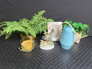 Mixed Lot Decorative Planters, Bird Frame, Figurine & Watering Can