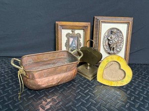 Copper Planter, Brass Frame Stand & Framed Wall Decor Mixed Lot