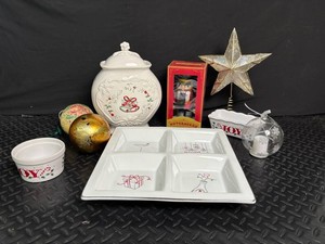 Holiday Decor Mixed Lot With Ceramic Jar, Nutcracker, Star Topper & Tray