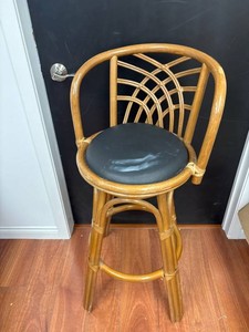 Bent Rattan Bar Stool With Black Cushion