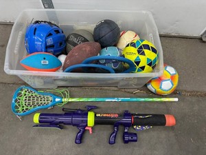 Mixed Lot Sports Balls, Lacrosse Sticks & Ultimator Toy Blaster