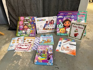 Nanas Activity Grab Bag Four Gabbys Doll House Activity Pads (mostly unused), New Drawing and Sketch Pads, Agua Magic, Two Books, Play Restaurant Set, Candy Land Game