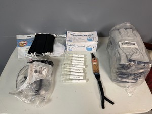 12 (5pe84D Gloves), Face Masks, Anti-bacterial had sanitizer pens, Safety goggles, Chums Eyewear Strap