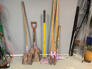 Pickaxe, Ground Compacter, 2 Shovels, Post Hole digger