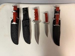 Three Two-Piece Bowie Knife Sets Stainless Steel Bland and Polished Hardwood Handles 12.5 Overall and 9 Overall