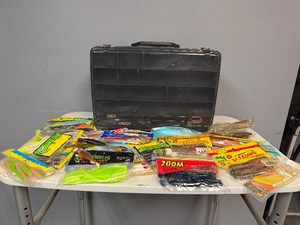 Vintage Plano Over and Under Tackle Box with a Variety of Bait