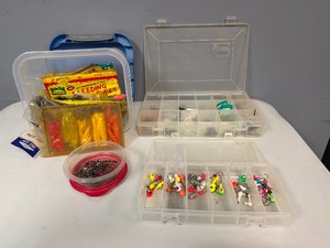 Plano Plastic Tackle Boxes and Bin filled with Hooks and Bait
