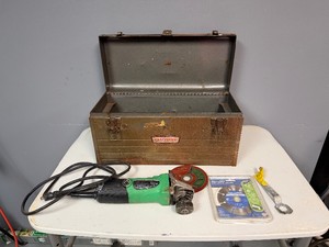 Vintage Metal Craftsman Toolbox with Hitachi Disc Grinder and 2 Blades