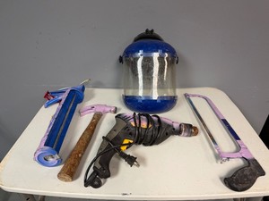 Steel Grip Drill, Safety Shield, Hammer, Hack Saw, Caulk Gun