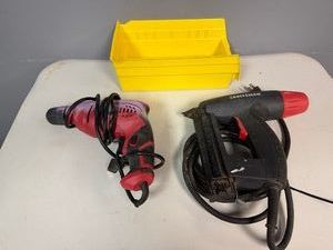 Craftsman Brad Nailer, Drill (both electric) with Yellow Parts Bin