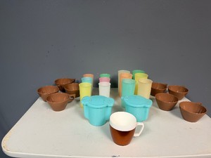 Vintage Tupperware Tumblers, Cream and Sugar and Set of Eight Vintage Brown Milmac Cups