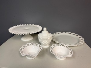 Collection of White Milk Glass Serving Pieces - Pedestal Cake Stand, Lidded Hobnail Candy Jar, Serving Platter and Small Bowls
