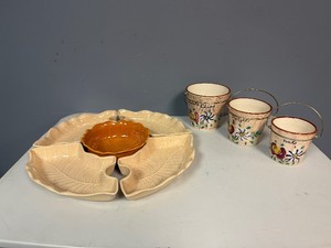 Vintage Ceramic Leaf Shaped Serving Set 1950s1960s with Vintage Ceramic Buckets for Chips, Pretzels and Nuts