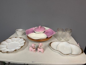 Vintage Milk Glass Divided Dish and Deviled Egg Server, Pair of Vintage Pink Porcelain Salt and Pepper Shakers, Vintage Pink and White Chip and Dip Set and Pair of Bonus Glasses