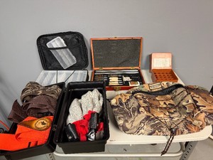 Hunters Gun Master Universal Gun Cleaning Kit in Wooden Box, Like New Hunting Waist Pack, Plastic Shell Box, Two Pair of Hunting Suspenders, Socks plus more