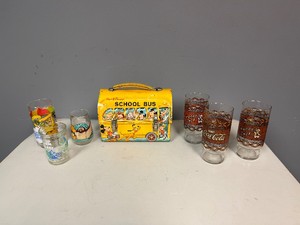 1960s Walt Disney School Bus Lunch Box with Collectible Cups and Glasses Winnie the Pooh, Muppets, Tom and Jerry, Happy Chef Coca Cola