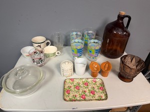 Vintage Mugs, Glass Ware, Orange Salt and Pepper Shaker, Vintage Clorox Amber Glass Jug, Brown Grape Pattern Bowl Plus More