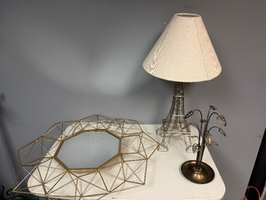 Eiffel Tower Table Lamp, Vintage Gold Circular Mirror, and Leaf Decor