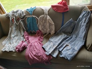 Vintage Girls Pinning Aprons, Dress, Bonnet, & Long Aprons