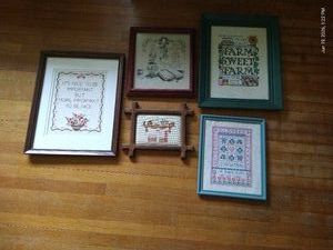 (5) Vintage Framed Cross-Stitch Pictures